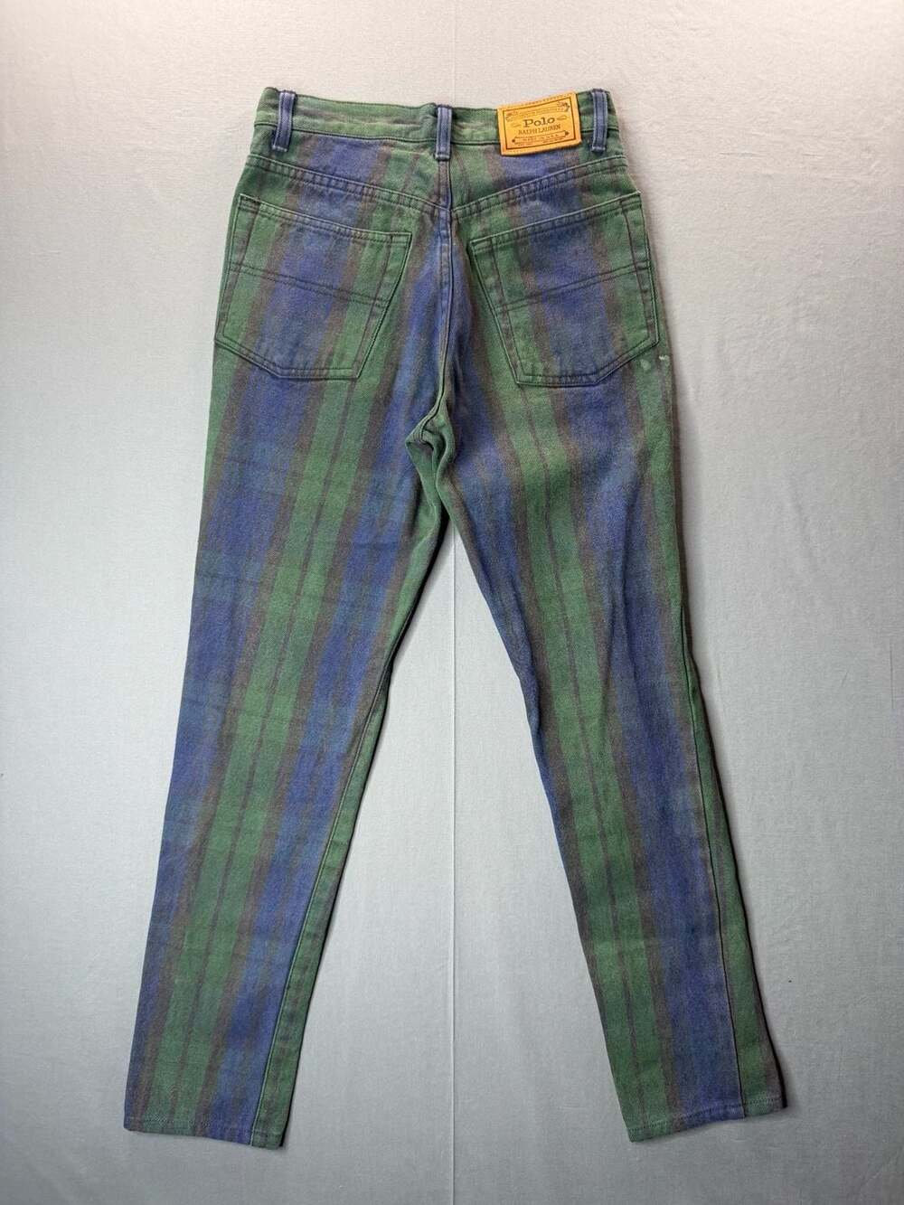 Vintage Polo Ralph Lauren Green and Blue Plaid Denim Jeans Made in USA 27x28